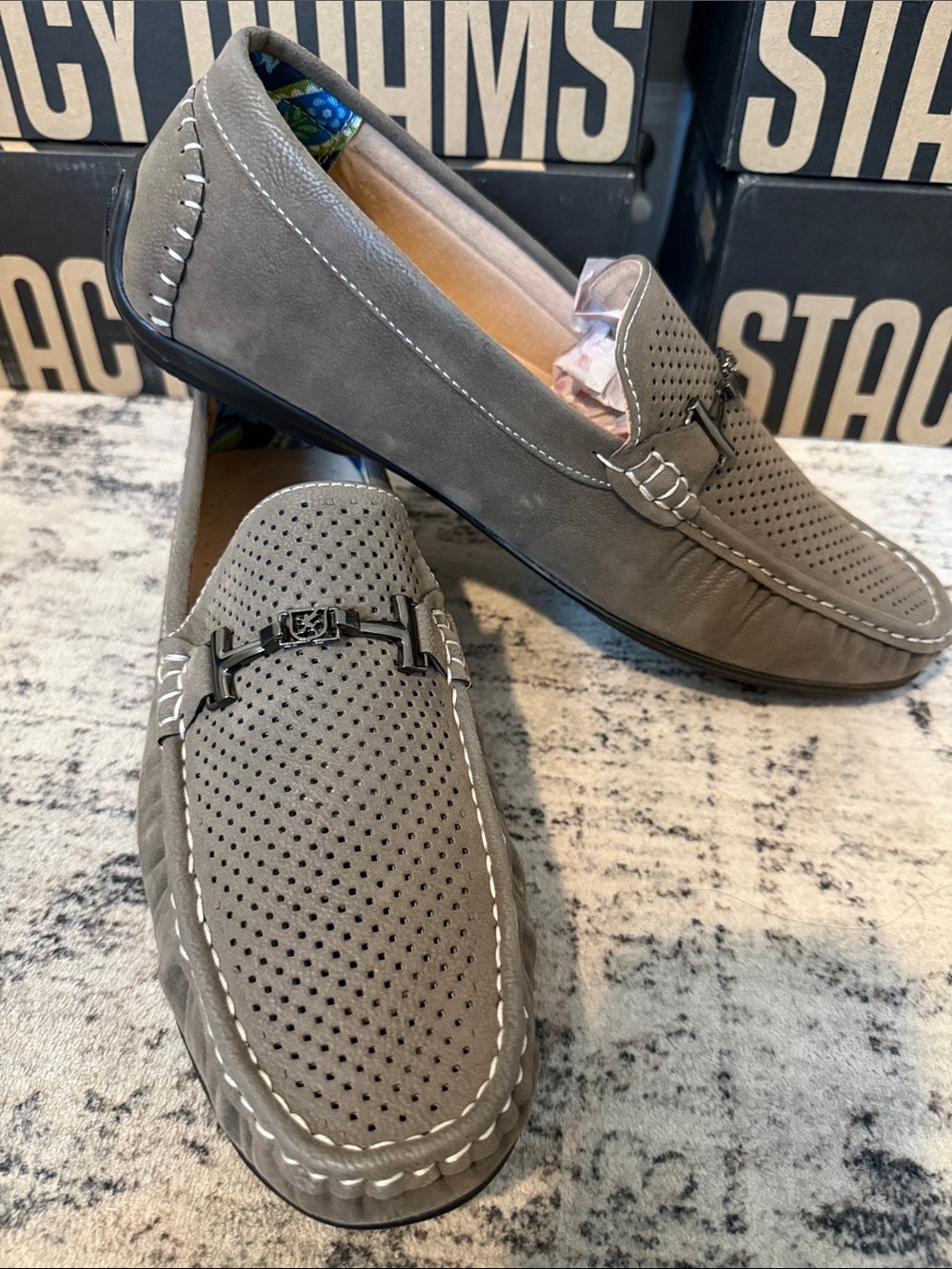 Stacy Adams Perforated Gray Slip-On Loafers with Metal Bit